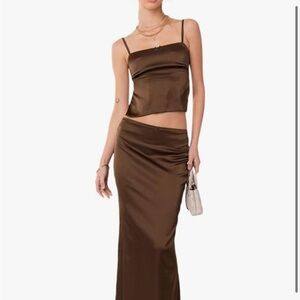 Two piece brown satin skirt set with bow